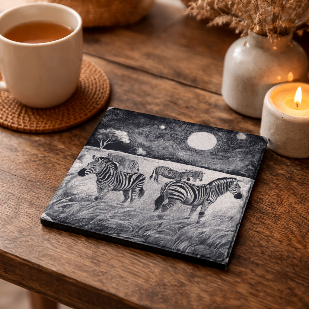 Engraved Slate Coaster – Zebra Herd at Night | Wildlife Home Décor | Handmade Gift