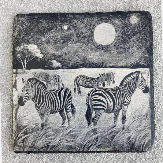 Engraved Slate Coaster – Zebra Herd at Night | Wildlife Home Décor | Handmade Gift