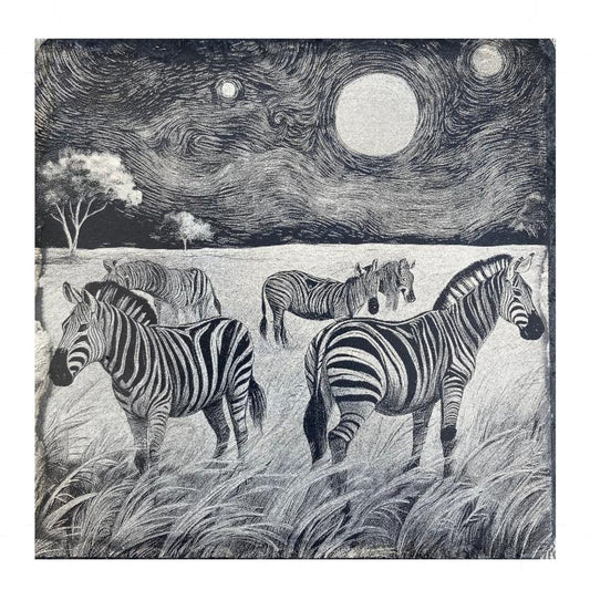Engraved Slate Coaster – Zebra Herd at Night | Wildlife Home Décor | Handmade Gift
